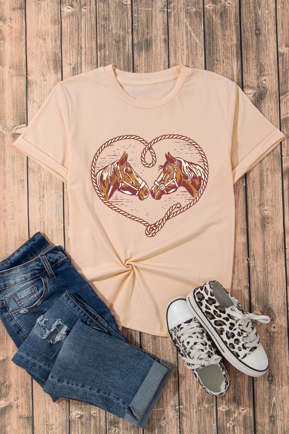 Khaki Rodeo Horse Graphic Western Cowgirl Fashion T Shirt