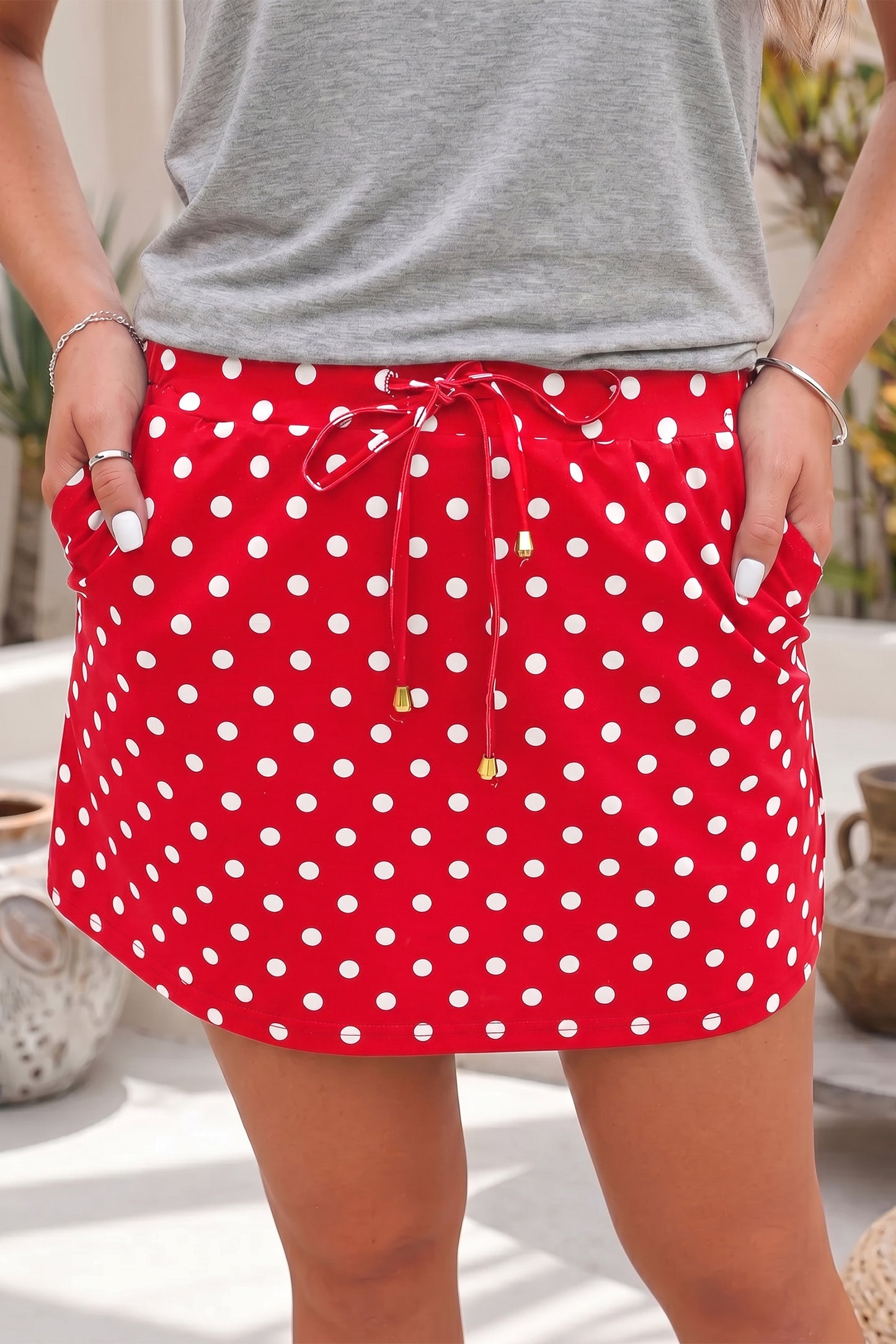 Fiery Red Polka Dot Drawstring Casual Mini Skort