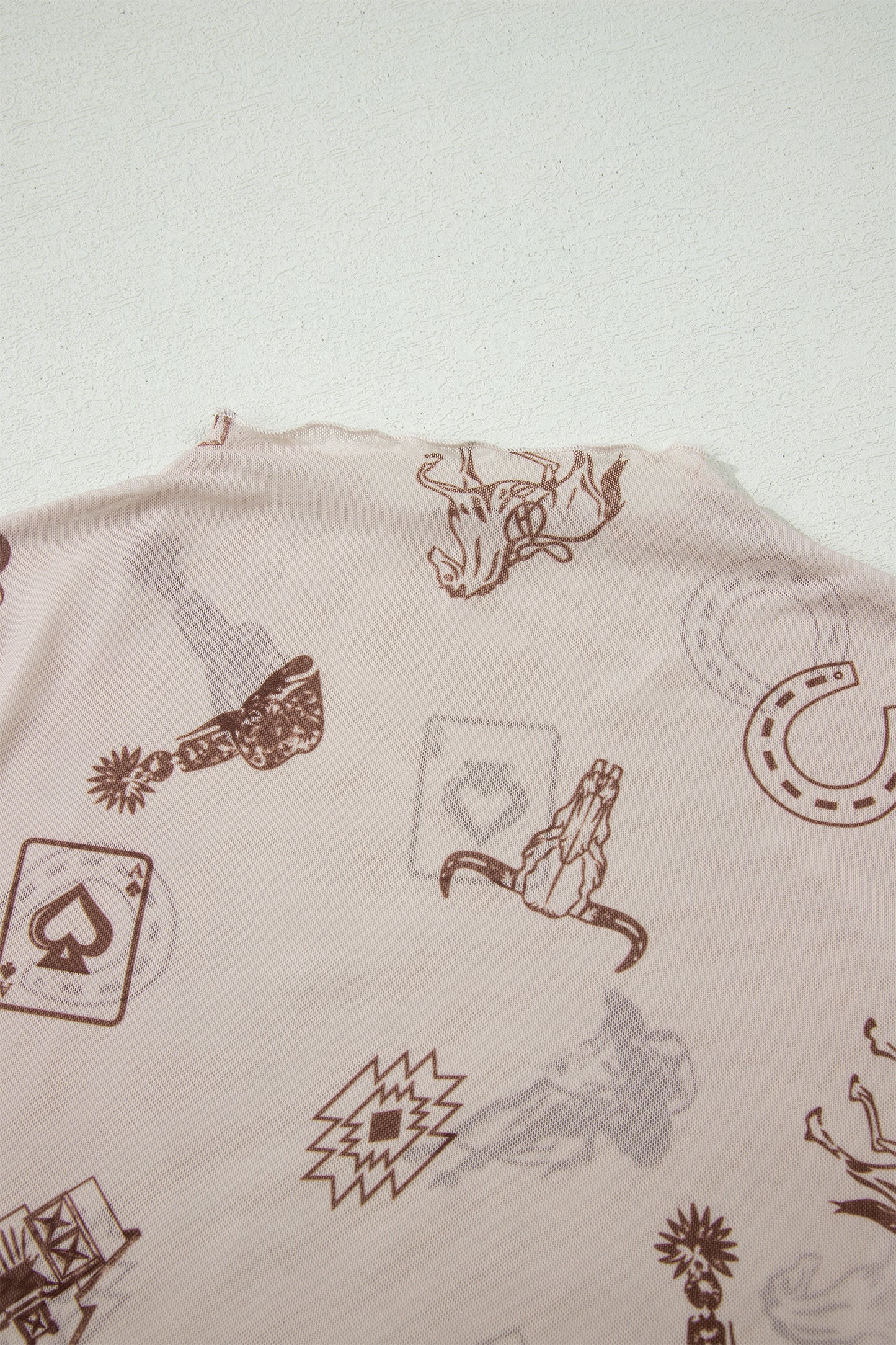 Oatmeal Western Printed Mesh Short Sleeve Top