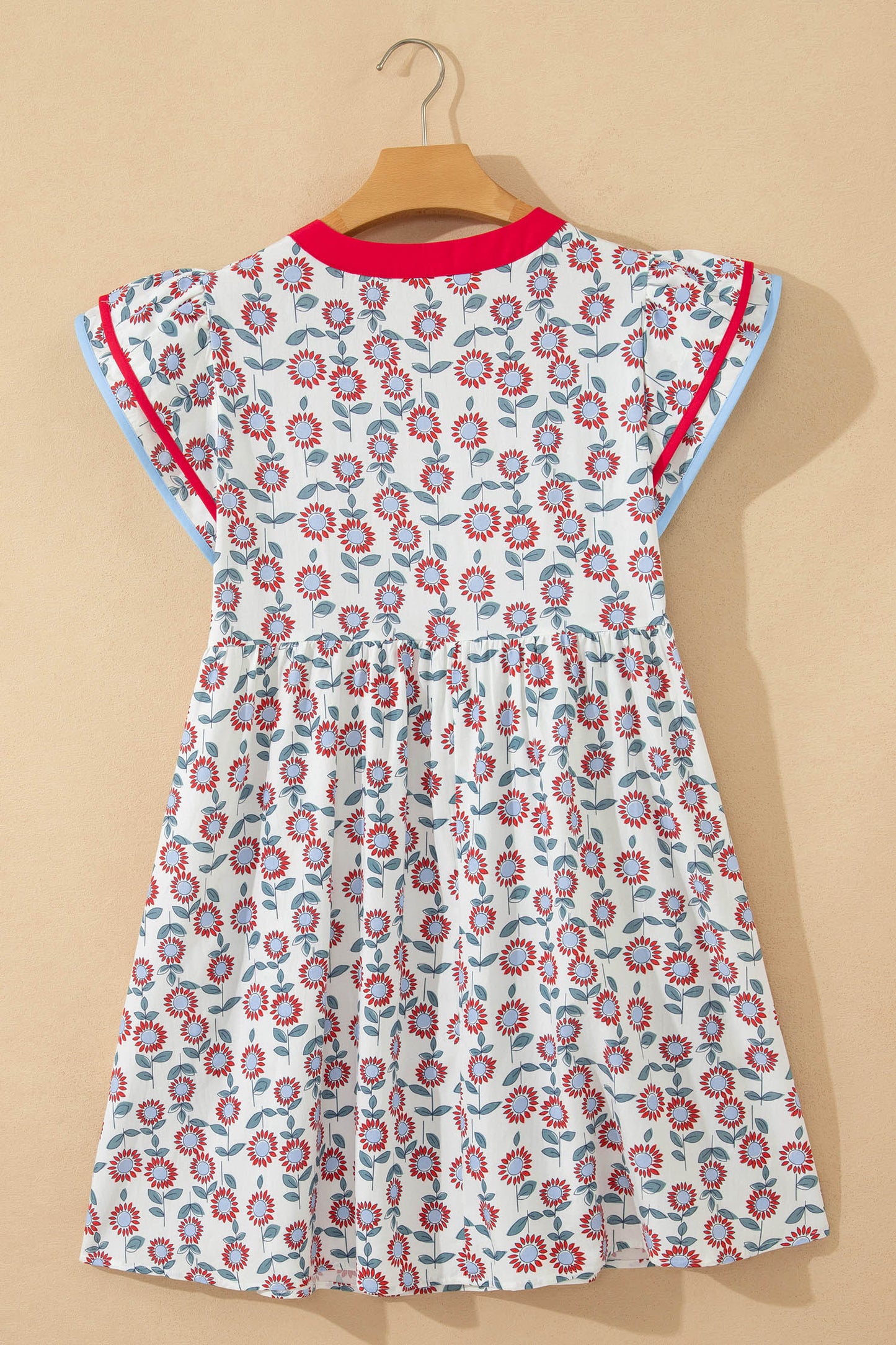 Red Floral Print Contrast Trim Flutter Sleeve Mini Dress