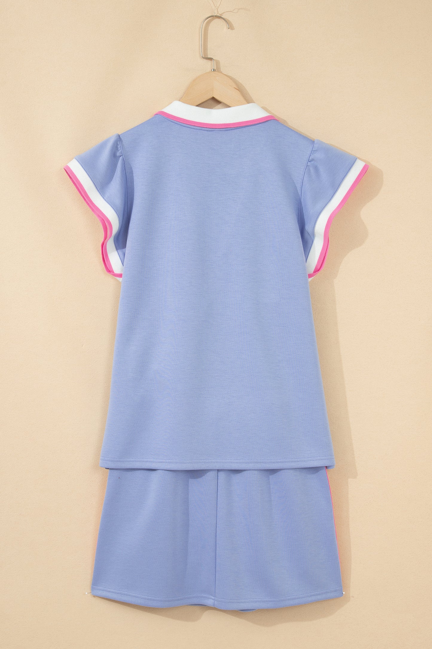 Sky Blue Preppy Striped Trim V Neck Polo Tee Drawstring Skirt Set