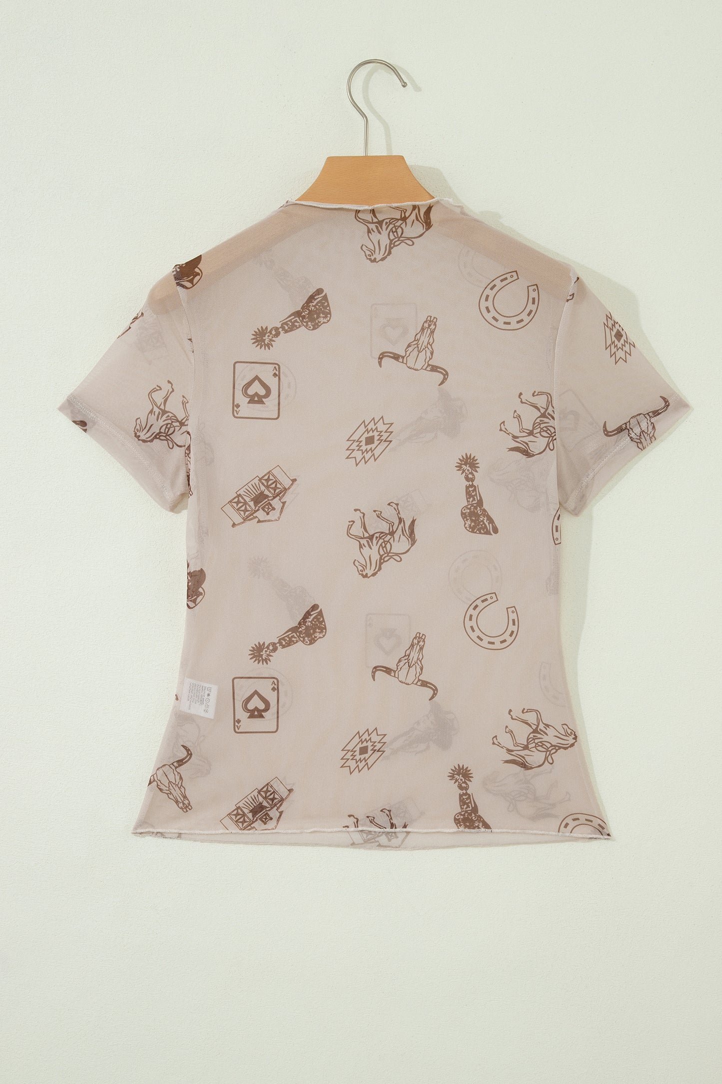 Oatmeal Western Printed Mesh Short Sleeve Top