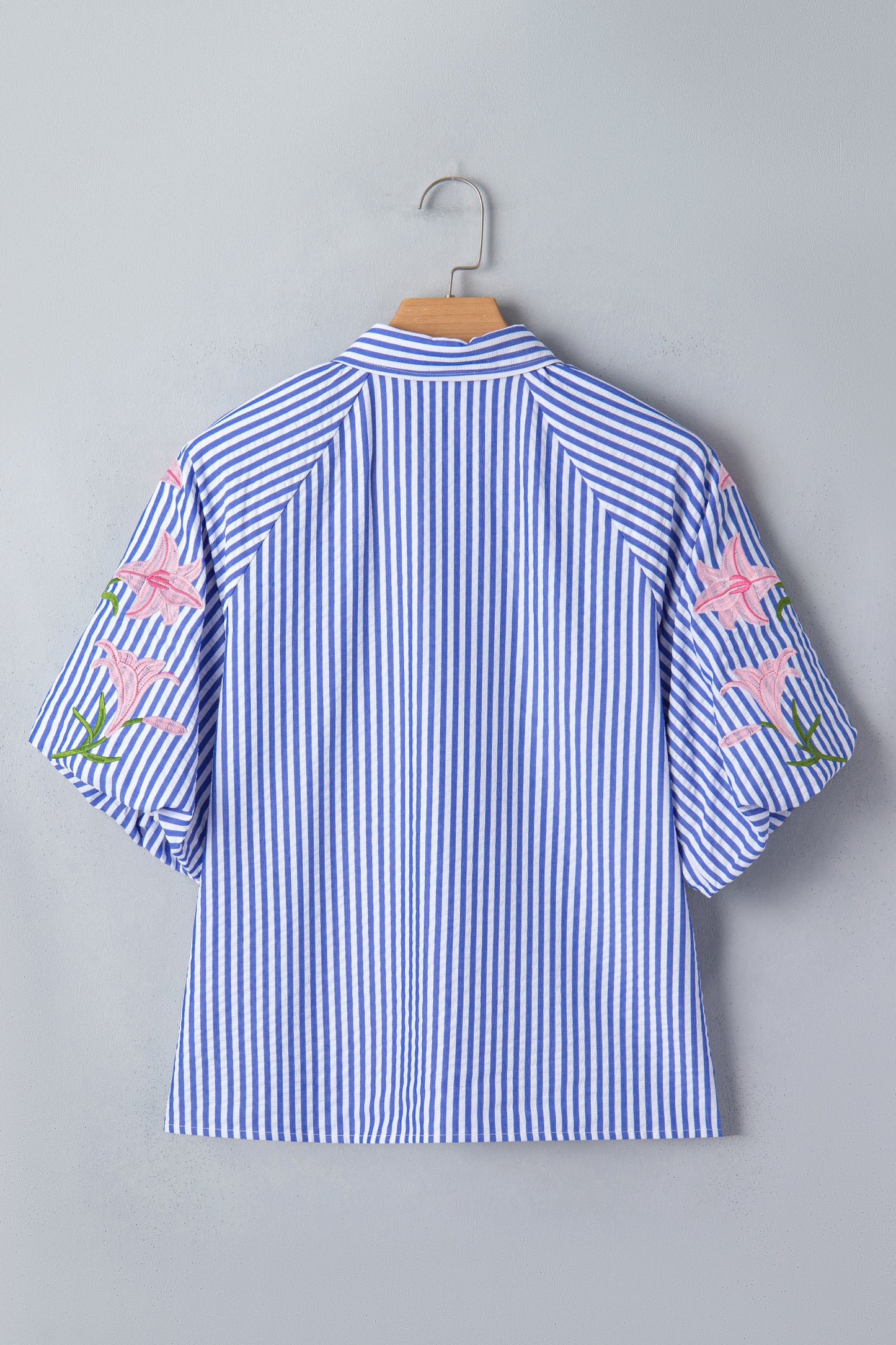 Sky Blue Stripe Lily Floral Embroidered Puff Sleeve Button Down Shirt
