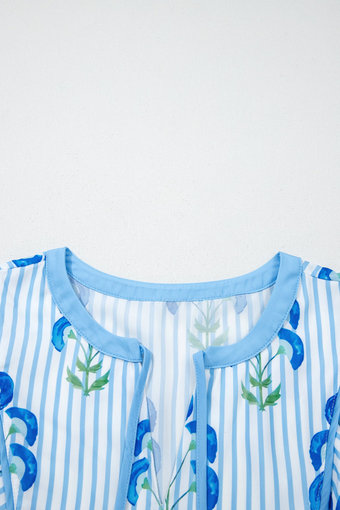 Sky Blue Floral Striped Print Tie Notched Neck Puff Sleeve Flared Mini Dress