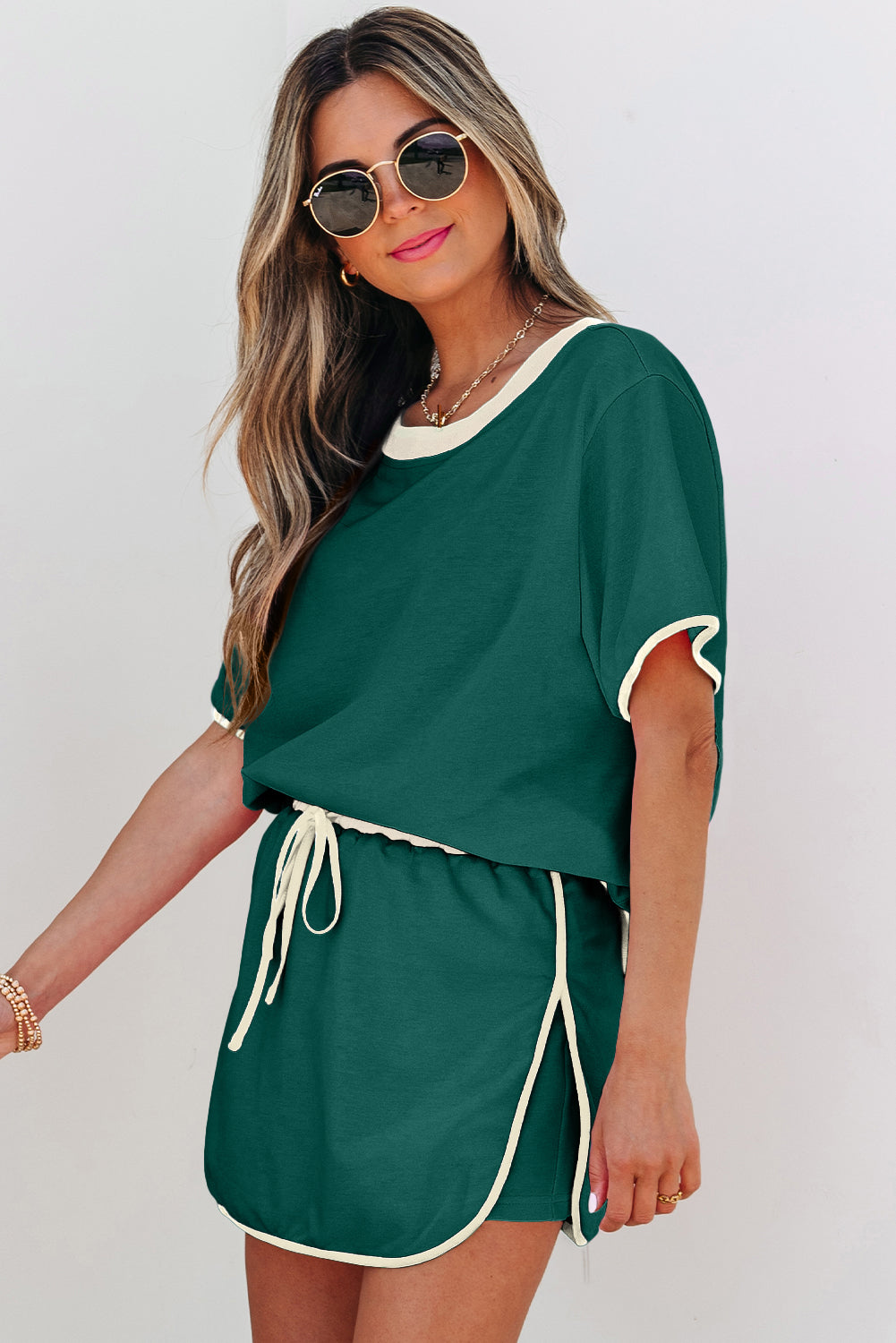 Apricot Colorblock Edge Drop Shoulder T Shirt and Skort 2Pcs Set