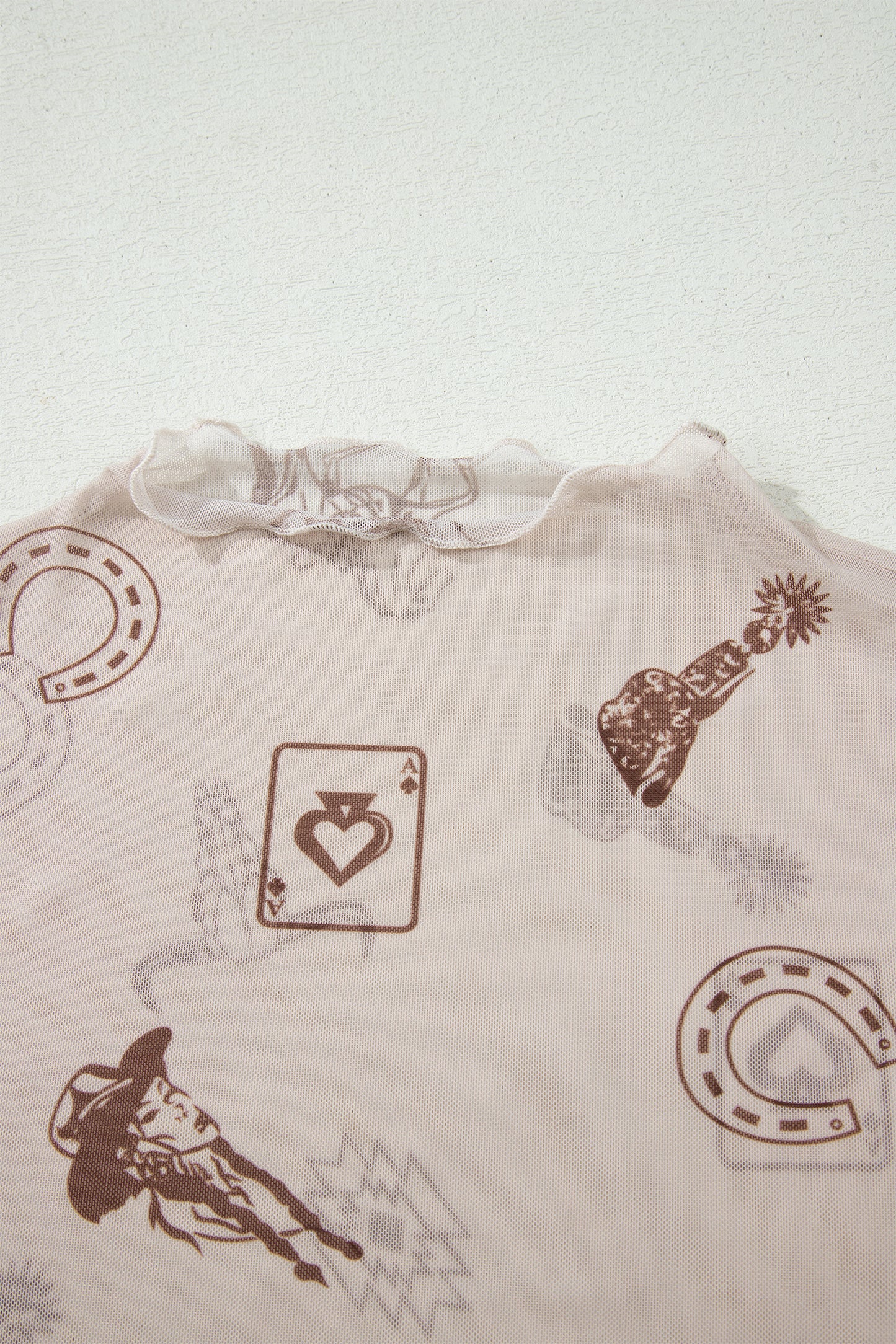Oatmeal Western Printed Mesh Short Sleeve Top