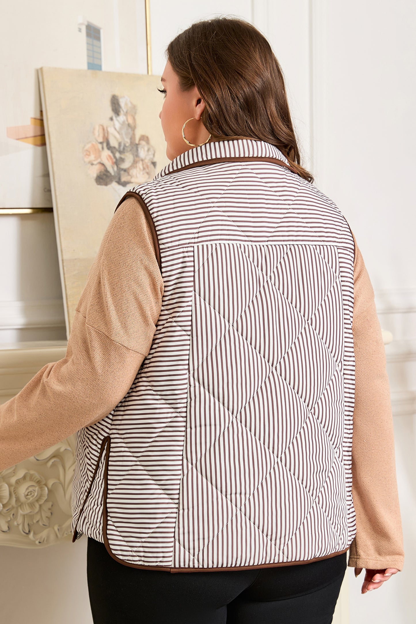 Brown Stripe Quilted Wavy Hem Snap Button Plus Size Vest