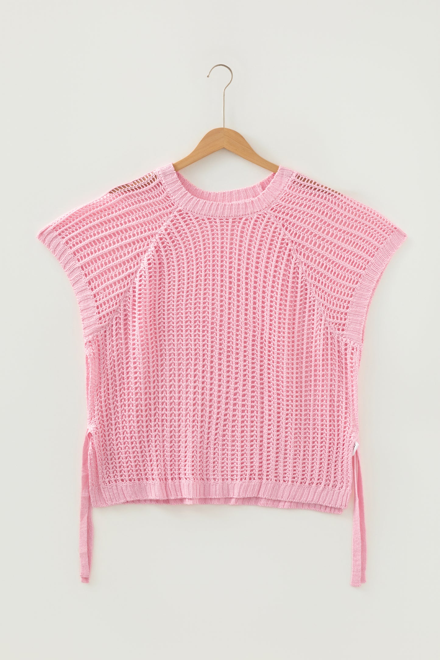 Pink Plus Size Open Knit Bow Tie Short Sleeve Sweater