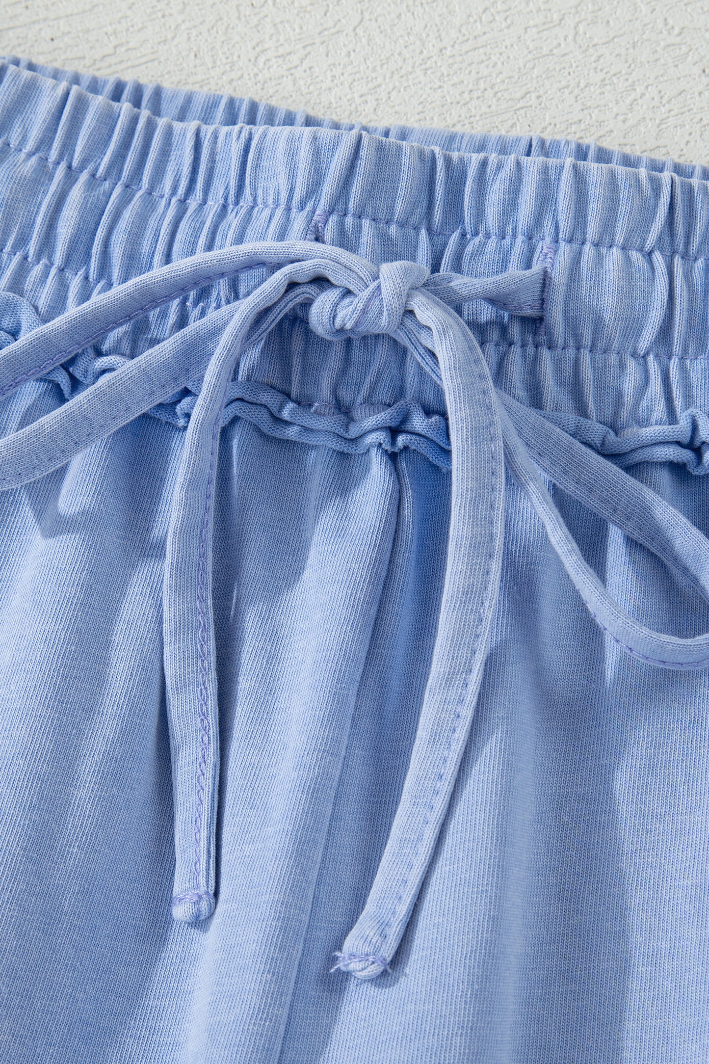 Sky Blue Mineral Washed Drawstring Elastic Waist Raw Cut Shorts