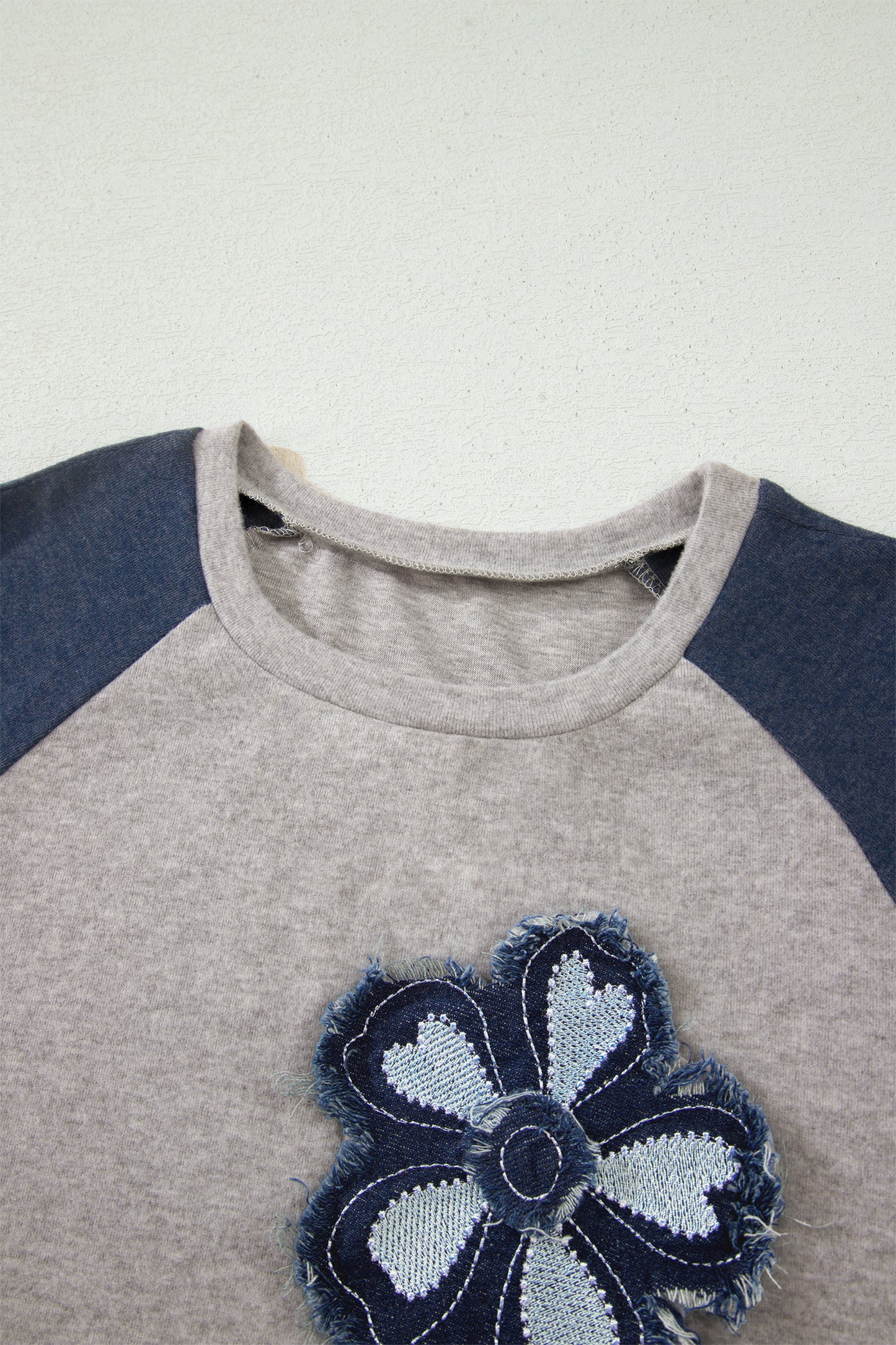 Dark Blue Floral Patchwork Colorblock Raglan Sleeve T Shirt