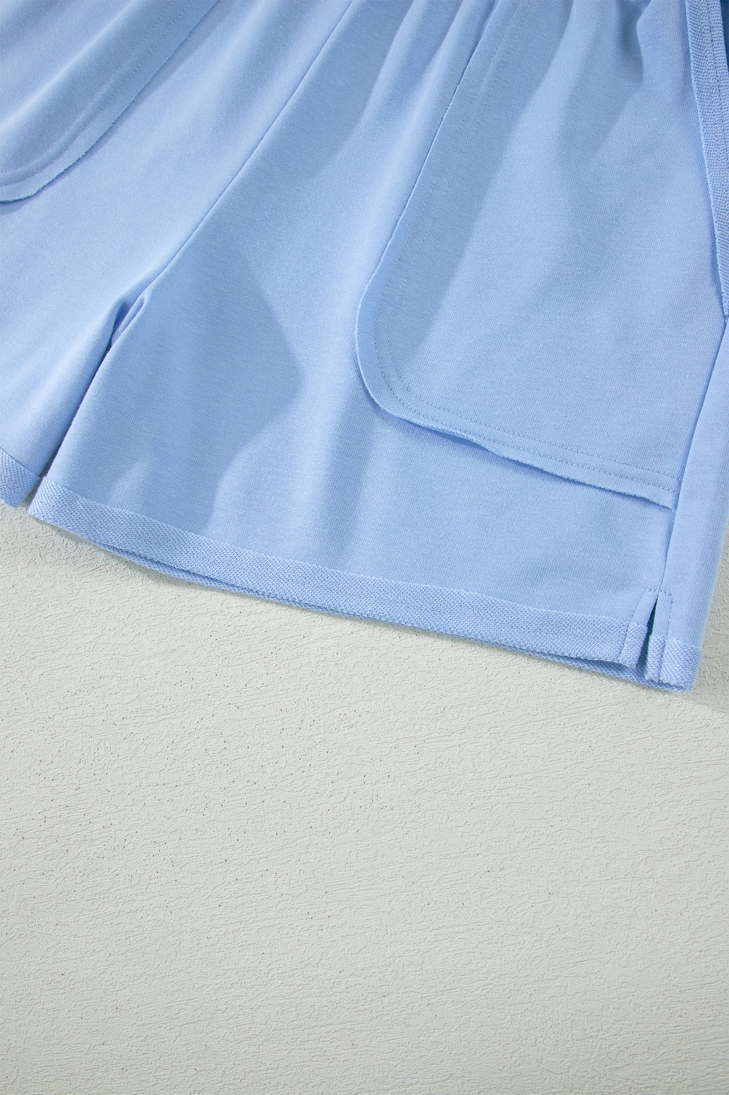Mist Blue Loose Polo Tee Elastic Waist 2pcs Short Set