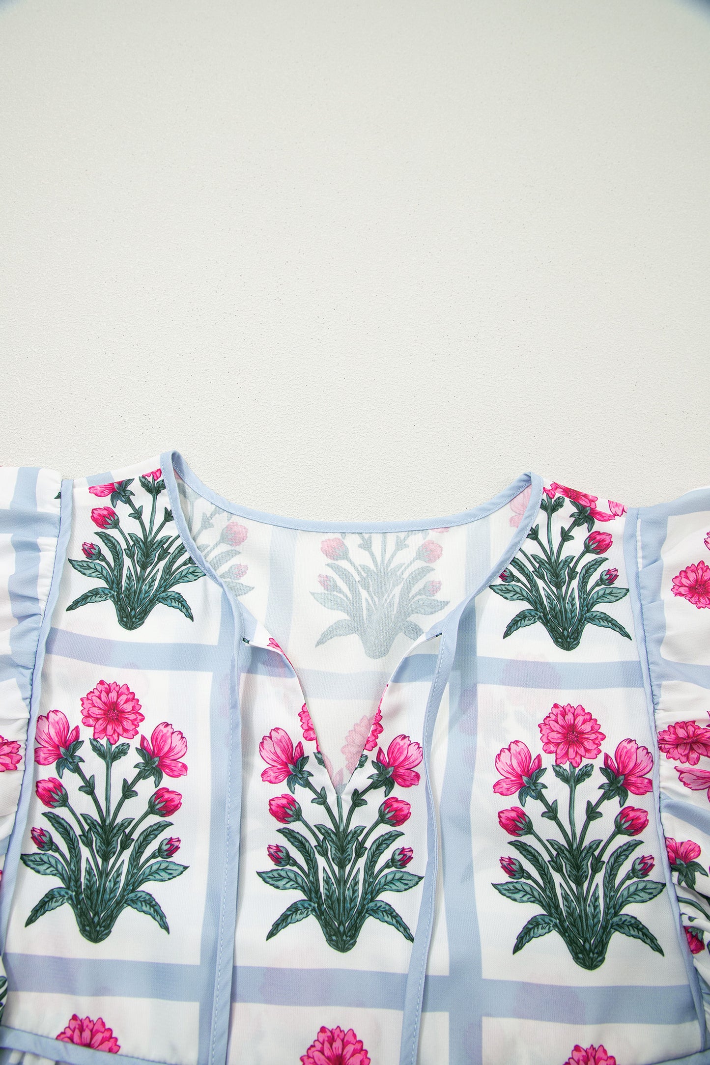 Pink Floral Flutter Sleeve Split V Neck Top