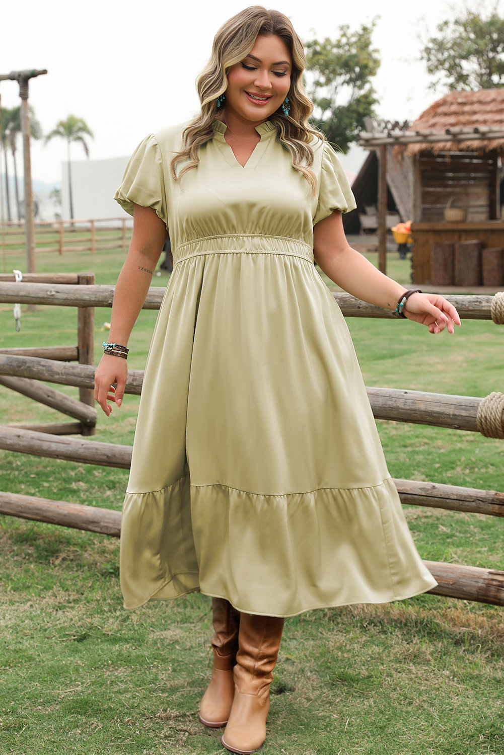 Laurel Green Notched V Neck Puff Sleeve Tiered Plus Size Maxi Dress