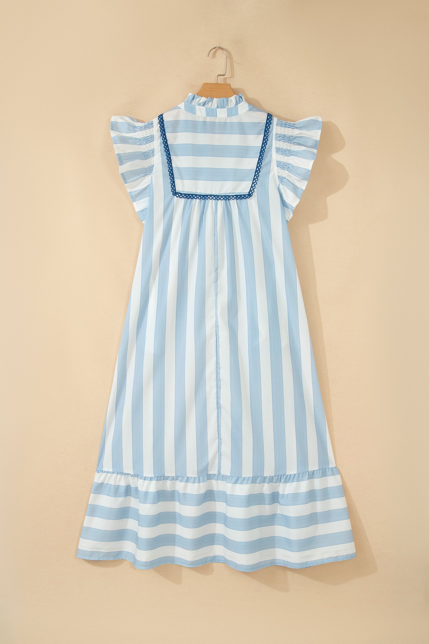 Sky Blue Stripe Subtle Lace Detail V Neck Ruffle Trim Casual Dress