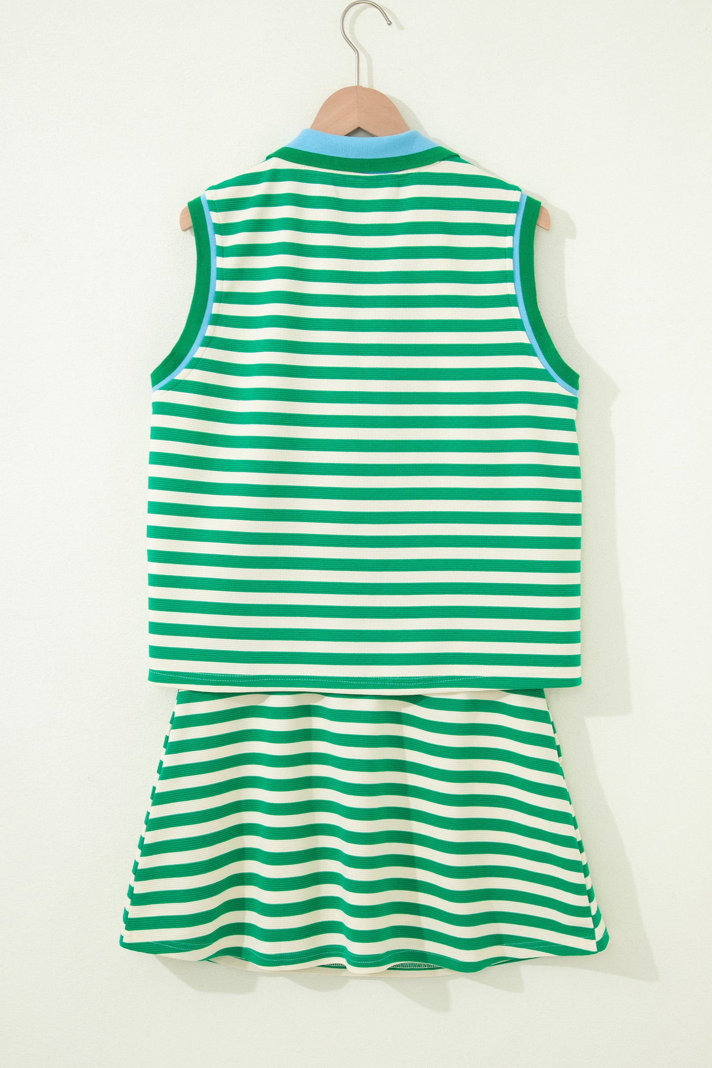 Bright Green Textured Stripe Print Contrast Trim Zip Collar Sleeveless 2pcs Skort Set