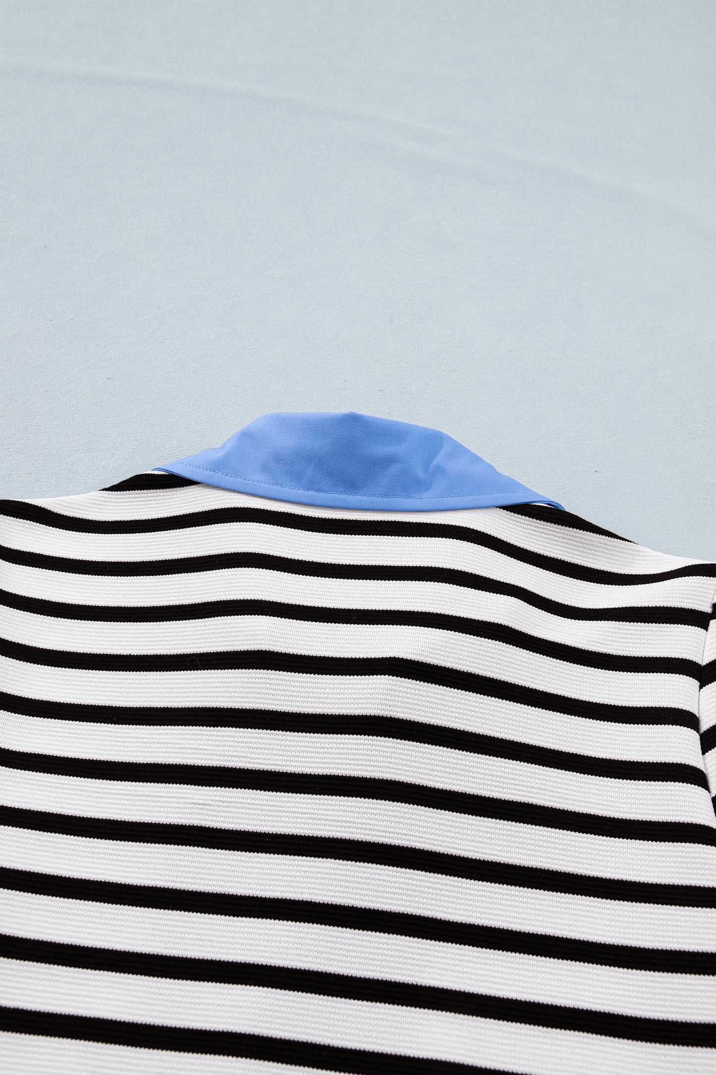 Black Stripe Short Puff Sleeve Color Block Polo Collar Blouse