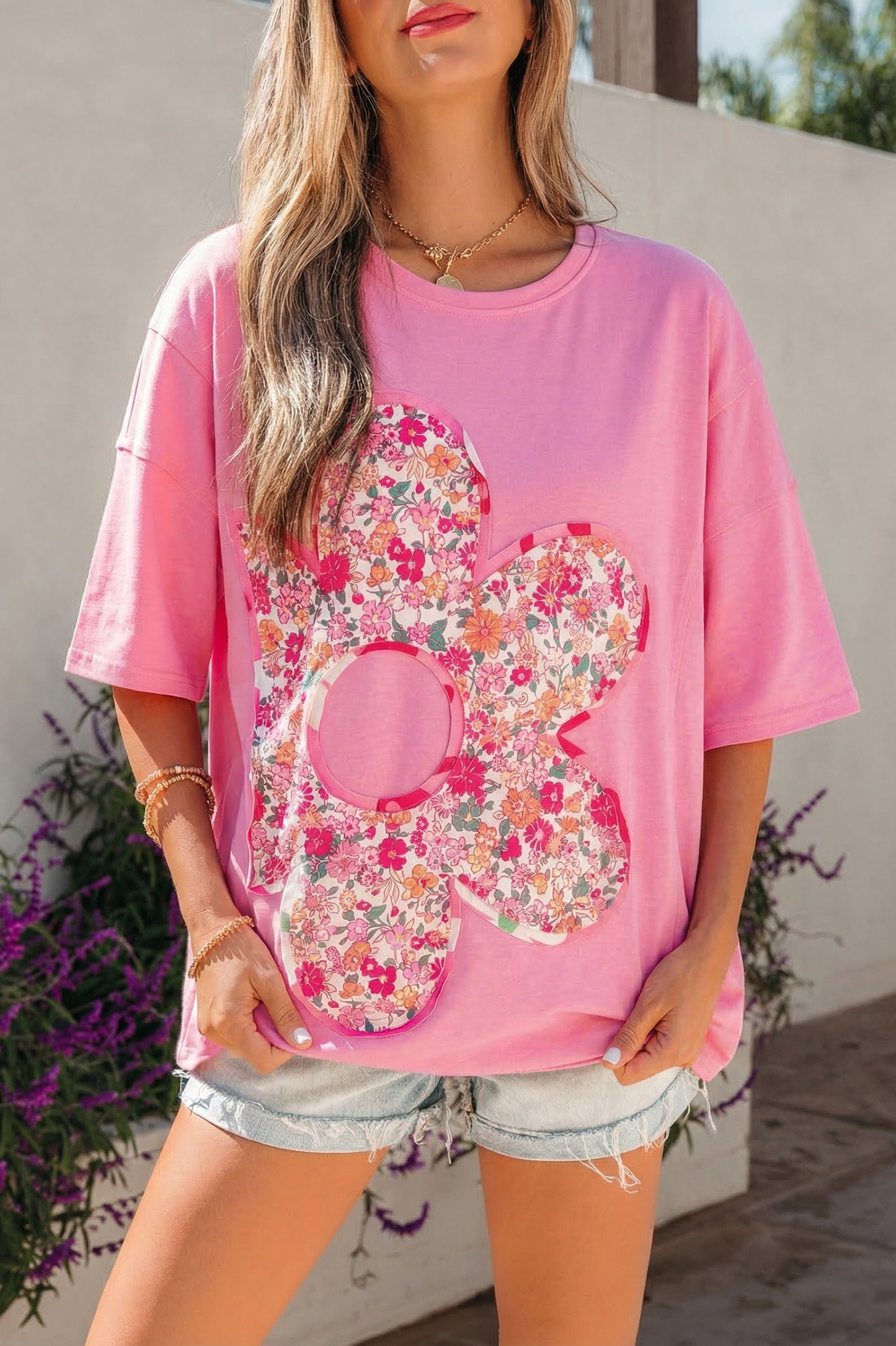 Bright Pink Floral Patched Raw Seam Big Flower Oversize Tee