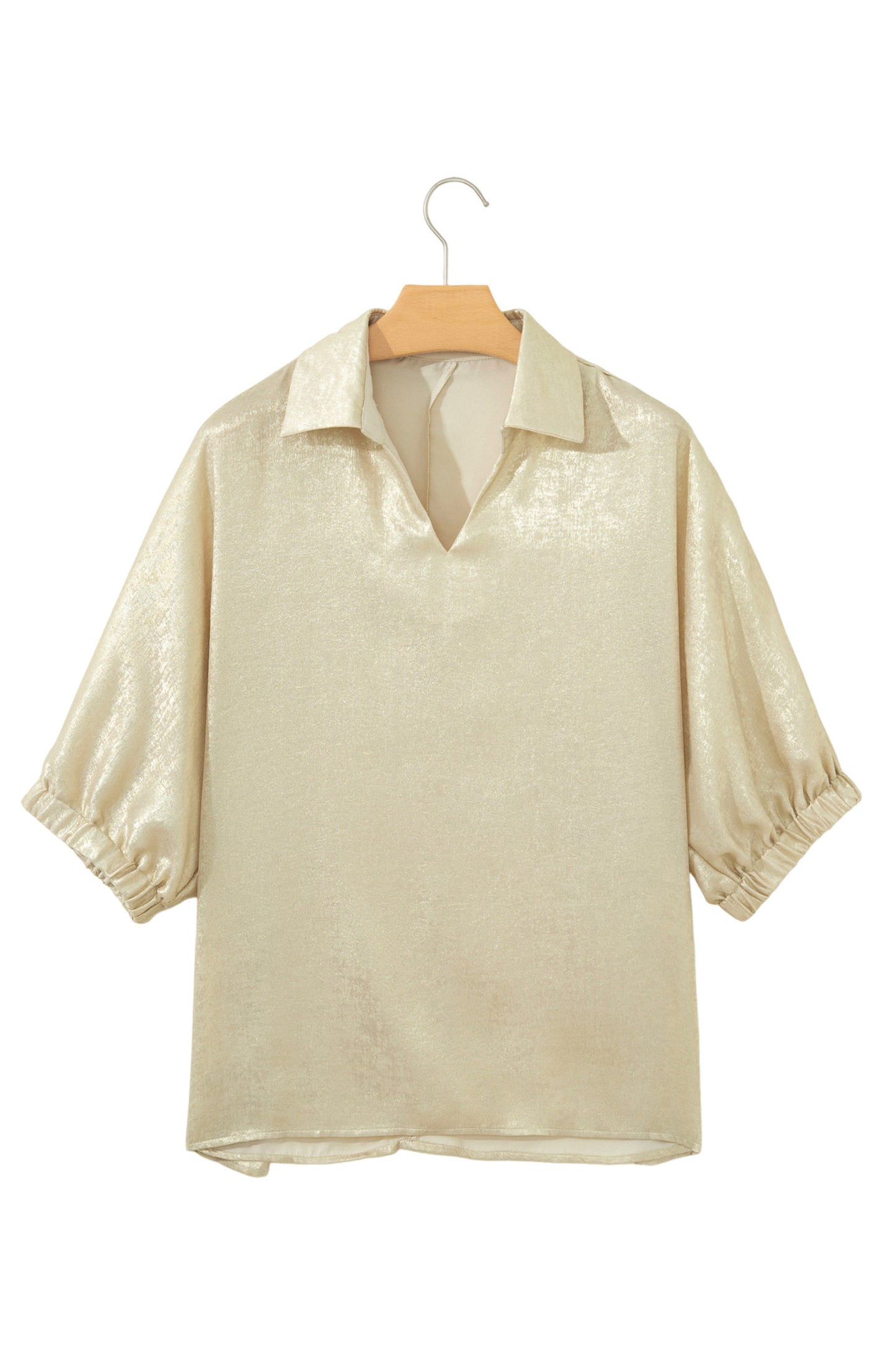 Casual Collared V Neck Half Sleeve Metallic Top