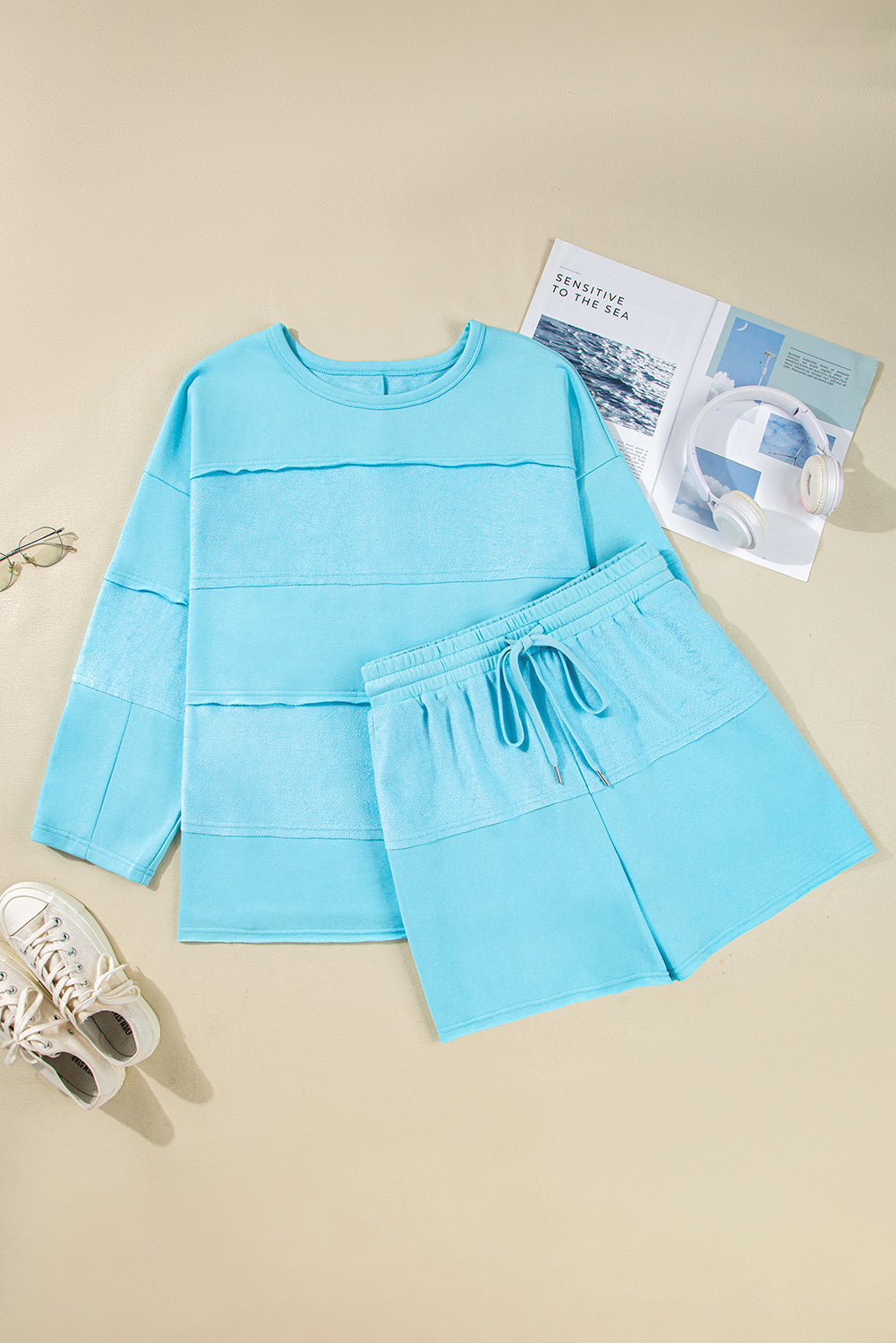 Aruba Blue Plus Size Solid Color Splicing Raw Hem Pullover Top Shorts Set