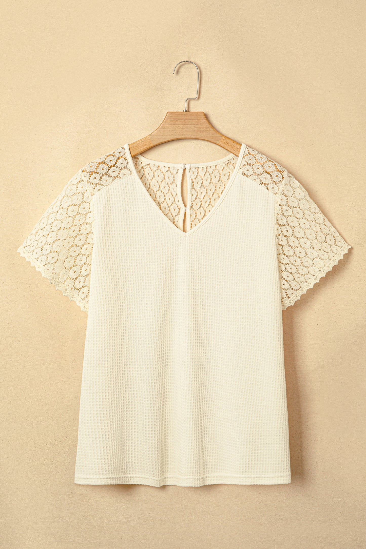 Beige Lace Splicing Button Cutout V Neck Waffle Knit Blouse