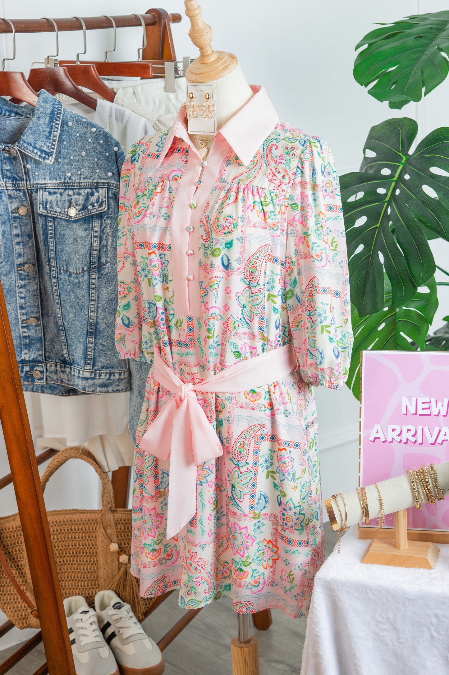 Pink Boho Floral Print Color Block Trim Half Button Belted Mini Dress