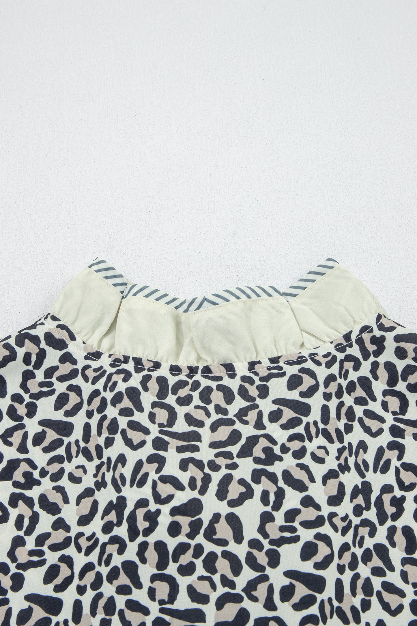Black Plus Leopard Print Striped Color Block Trim Frilled V Neck Short Sleeve Blouse