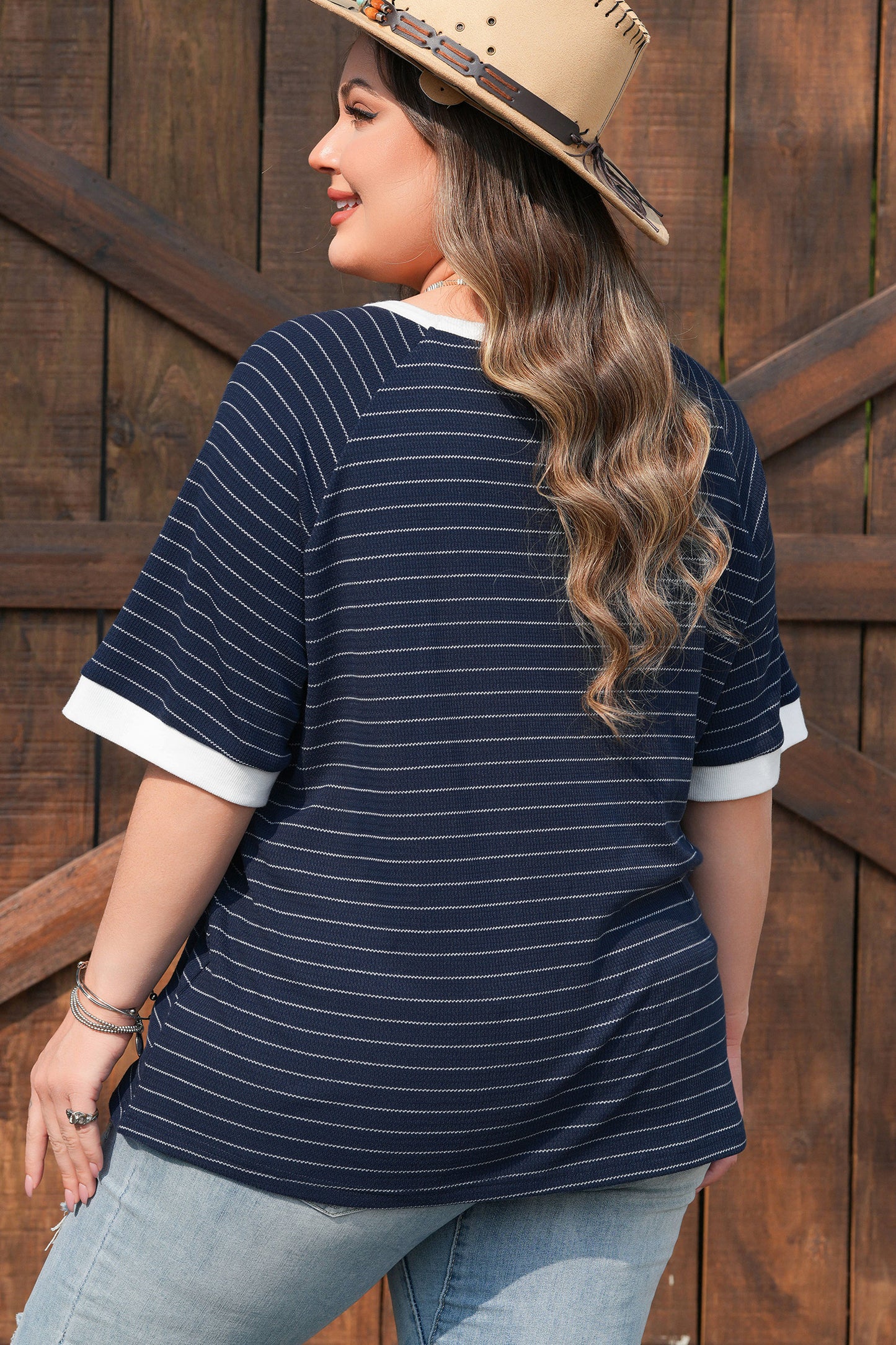 Blue Stripe Contrast Trim Plus Size Ribbed T Shirt